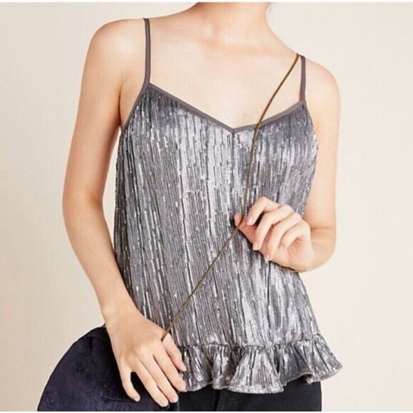 Anthropologie Sequin Cami Top Womens Size 4 Amelie Blouse Pleated Peplum Silver - Picture 10 of 11